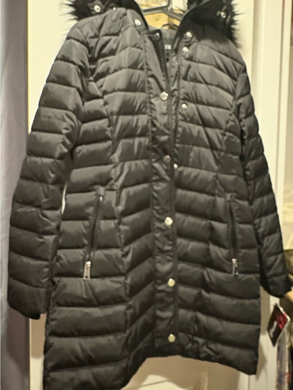 Elle Black Quilted Hooded Puffer Coat with Faux Fur Trim